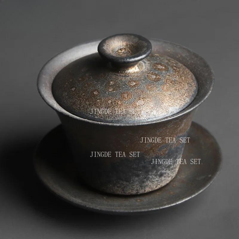 1pcs Coarse Pottery Covered Bowl Chinese Tea Set High-end Retro Gilded Rust Glazed Tea Cup Gaiwan