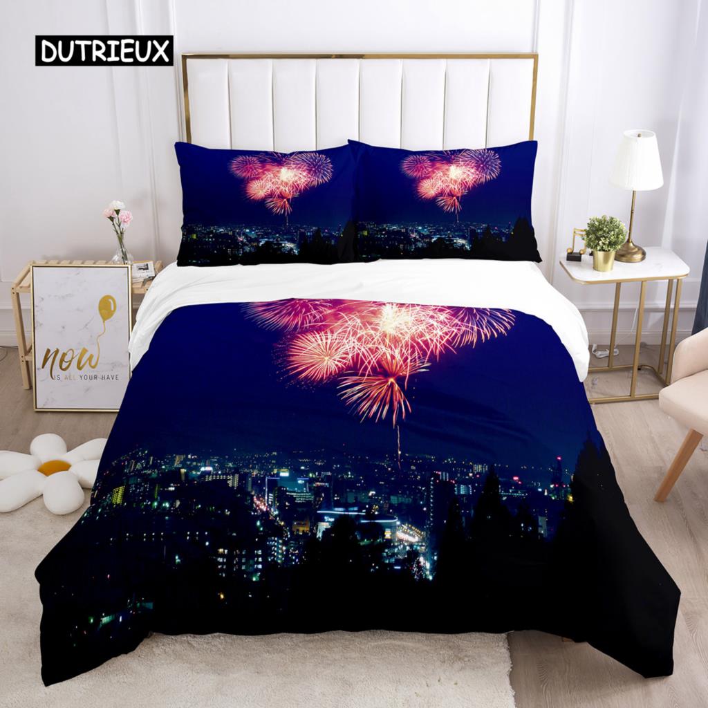 Firework Duvet Cover Set Queen Size Colourful Fires Bedding Set Microfiber Celebrate Merry Christmas Theme Soft Comforter Cover