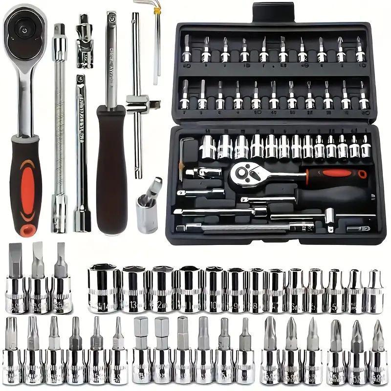 46-Piece Household Repair Tool Set with 1/4 Ratchet, Sockets, Screwdrivers, Hex Key.