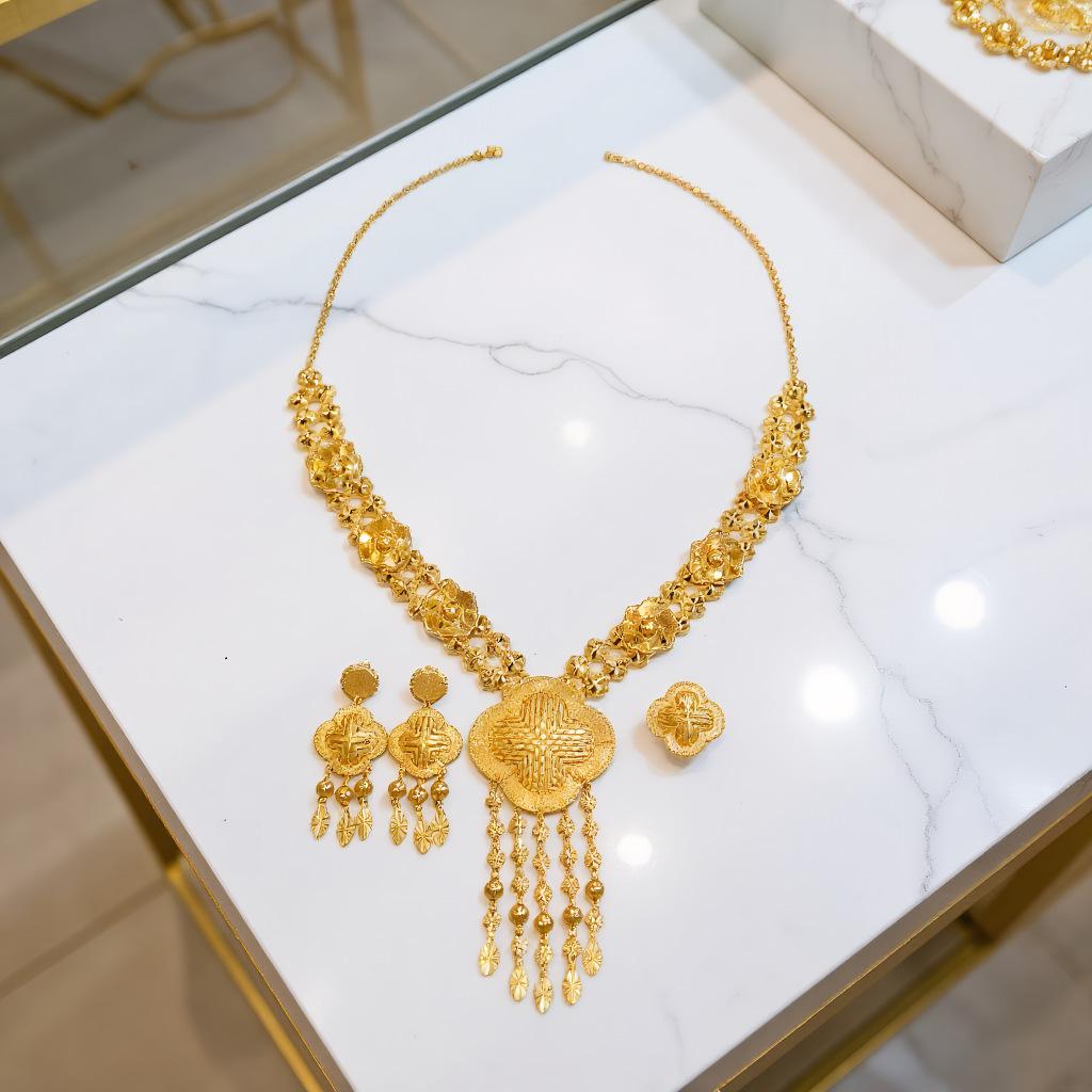 Retro Dubai Jewelry Set: Hollow Flower Long Tassel Necklace, Earrings, and Ring