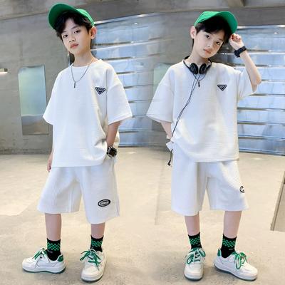 Boys Spring and Summer Round Neck Quick Dry Jacquard Solid Colour Short Sleeve Top + Shorts Casual Two-piece Set