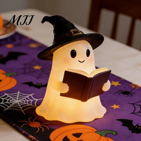 Literary Reading Ghost Decor Halloween Figurine with LED Light, Resin Witch Hat Statue Spooky Cute Room Accessories Guitar/Book, Luminous Sculpture