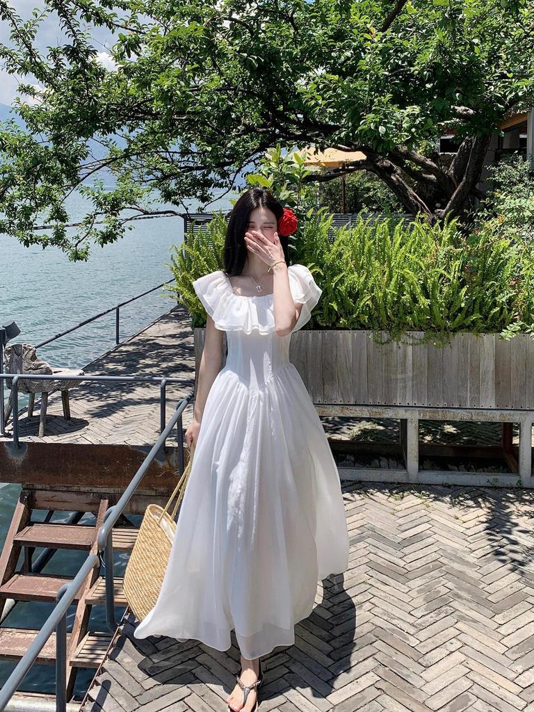 Elegant French Ruffle One-Shoulder Summer Dress 2026 - Women's Beautiful Niche Long Design
