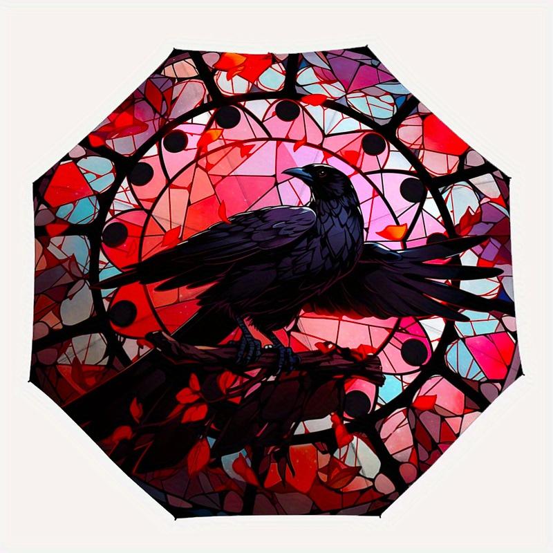 Stained Glass Raven Wall Art Decor - Circular Design with Black Bird on Branch,  Umbrella, Va