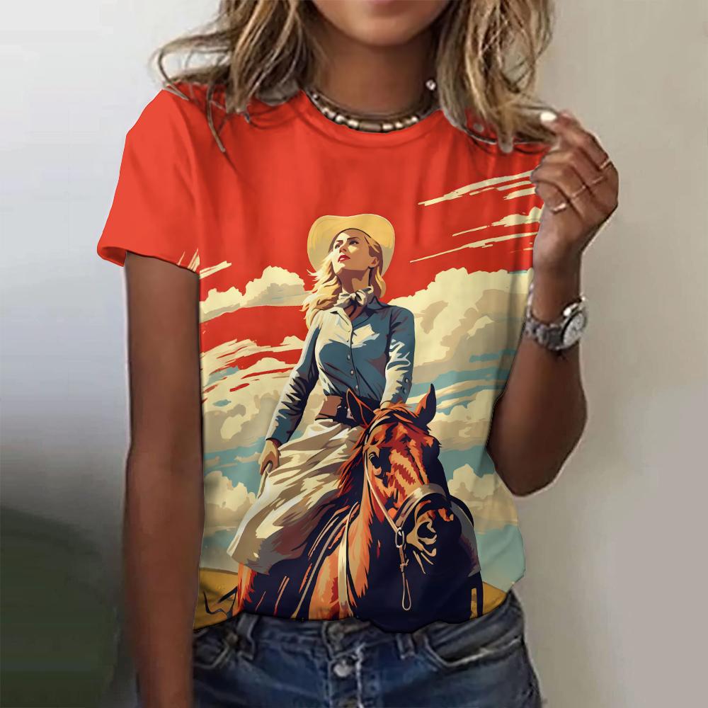 Retro Western Women's Short Sleeved T-shirt Top Loose Cowboy 3D Printed T-shirt