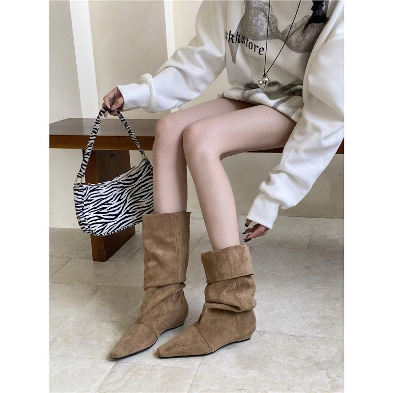 Vintage Pleated Pile Boots Pointed Invisible Inner Heightening Western Cowboy Boots Medium Boots Suede Maillard Boots Women