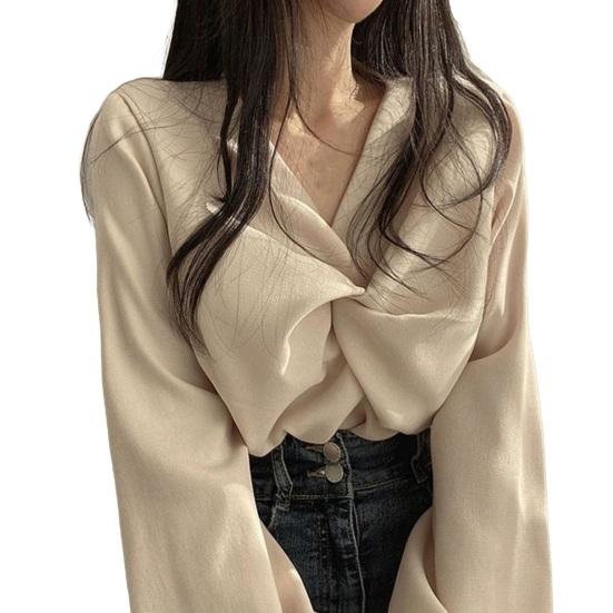 Women Shirt V-Neck Lantern Long Sleeve Pullover Tops Solid Color Knotted Design Regular Fit Tops