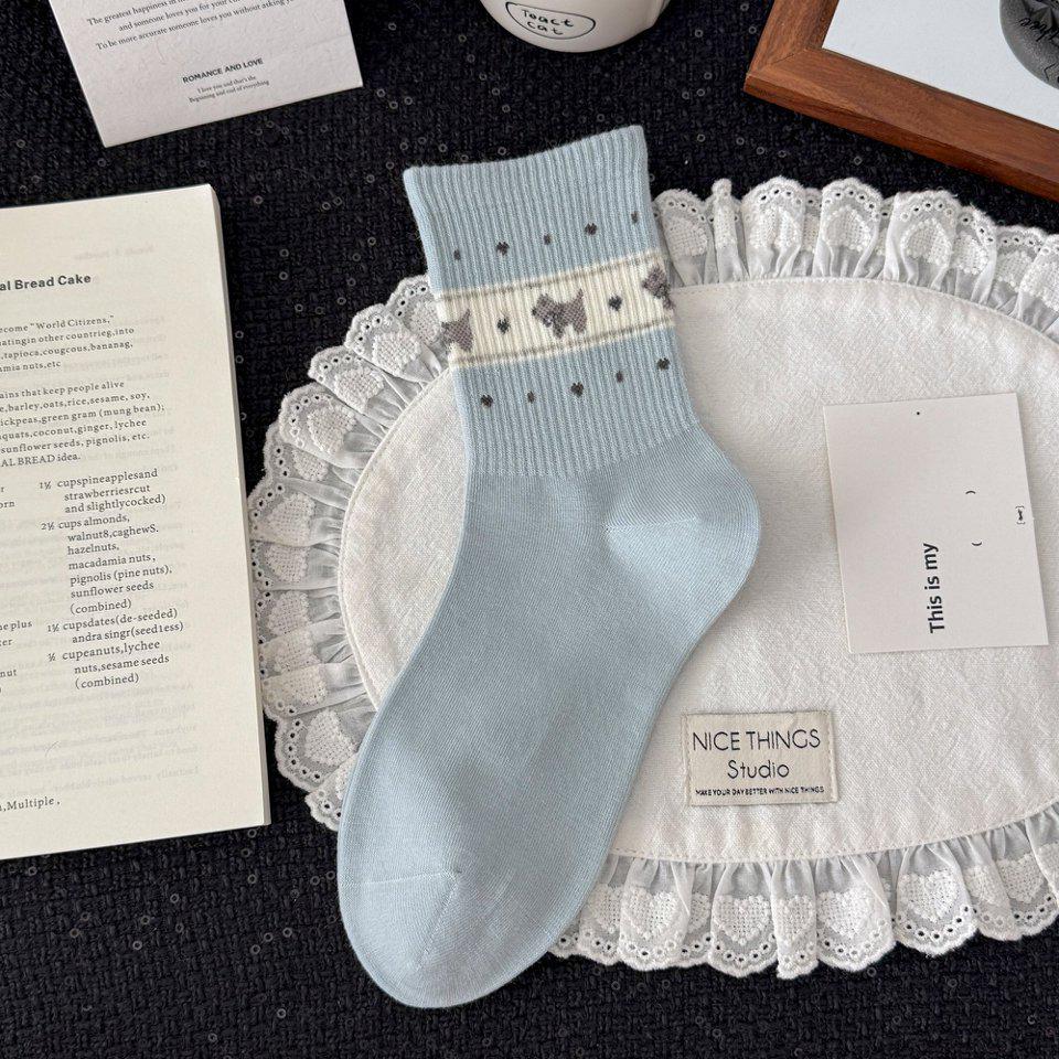 Милые Носки средней длины с вышивкой Щенка - Весна/Лето Японский Стиль Хлопковые Носки с Подгибом для Девочек