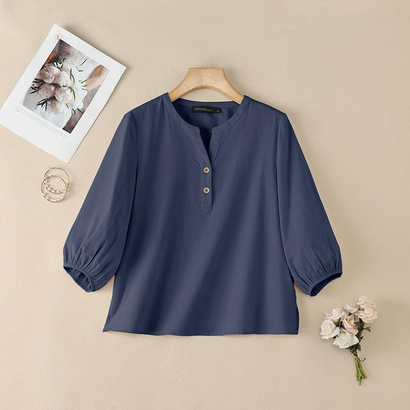 ZANZEA Women Casual V-Neck Solid Color 3/4 Sleeve Blouse