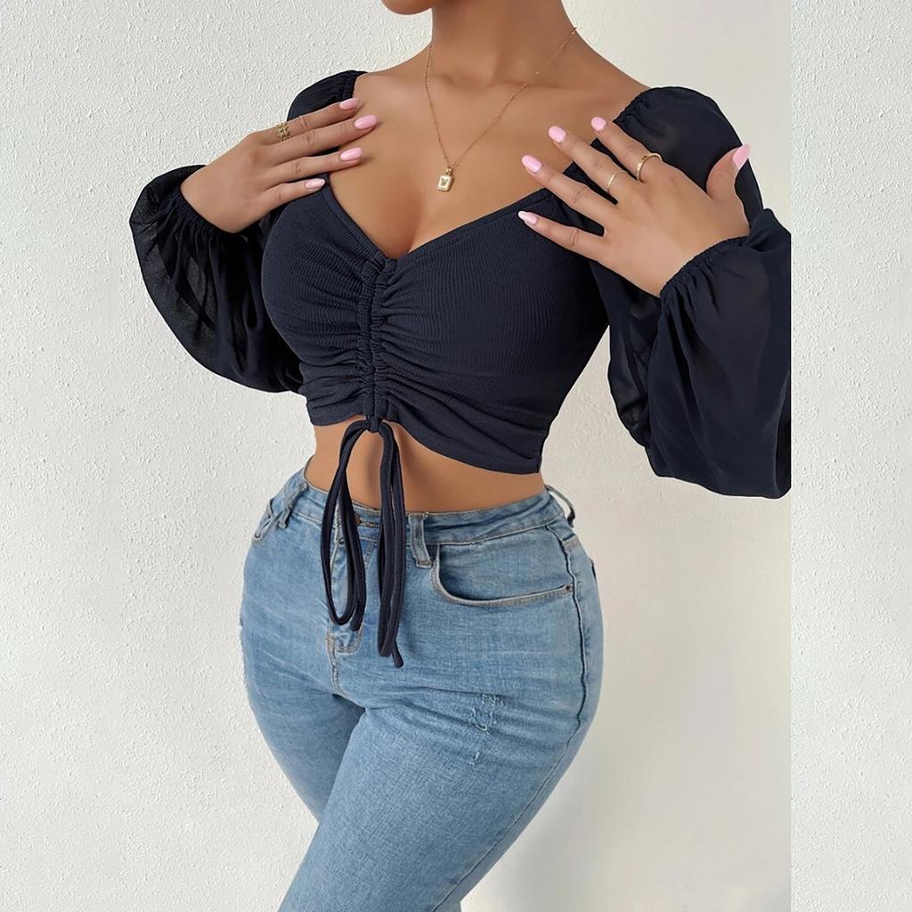 Ladies Casual Solid Color Square Neck Pullover Mesh Splicing Sexy Fashion Top