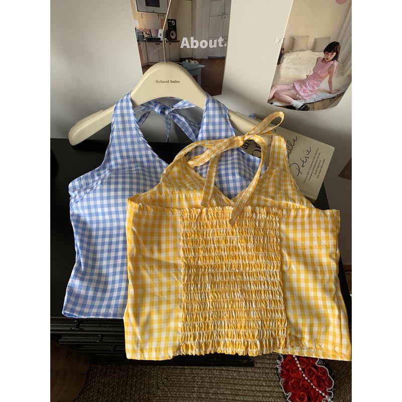 Kumikumi Retro Gyaru Plaid Halter Top Sling Women clothes Summer Niche Chic Slimming Outer Wear Top