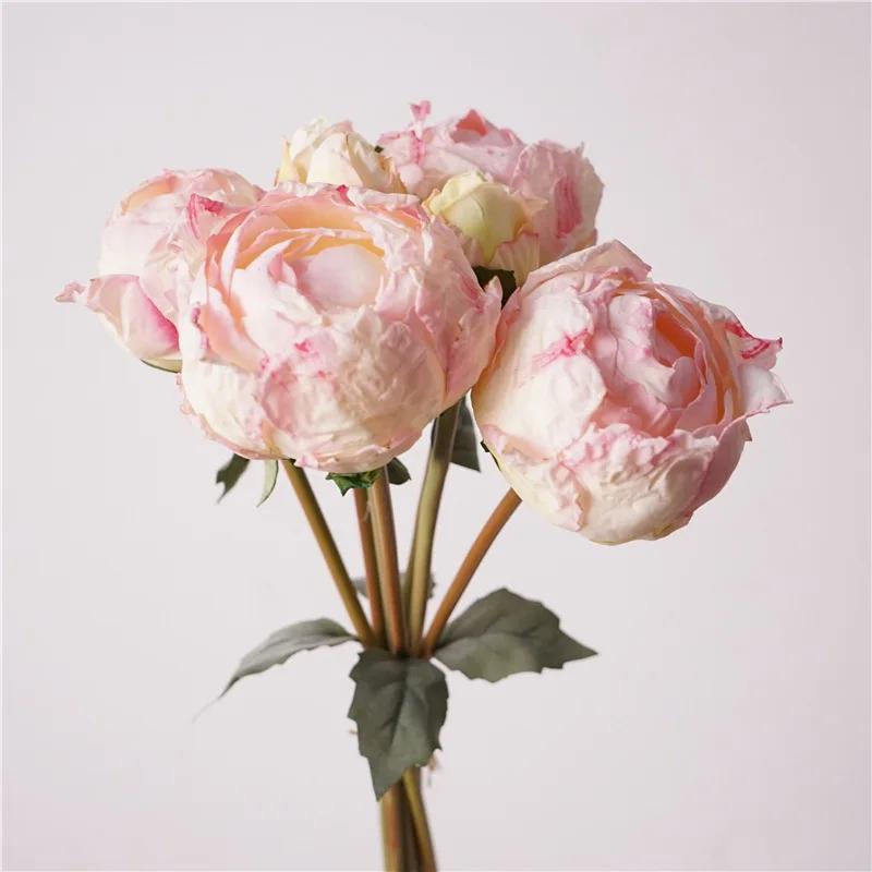 Artificial Handmade Burnt Edge Peonies Bouquet Silk Fake Flowers Office Decor Simulation Peony Bud Red Flower Table Decorative