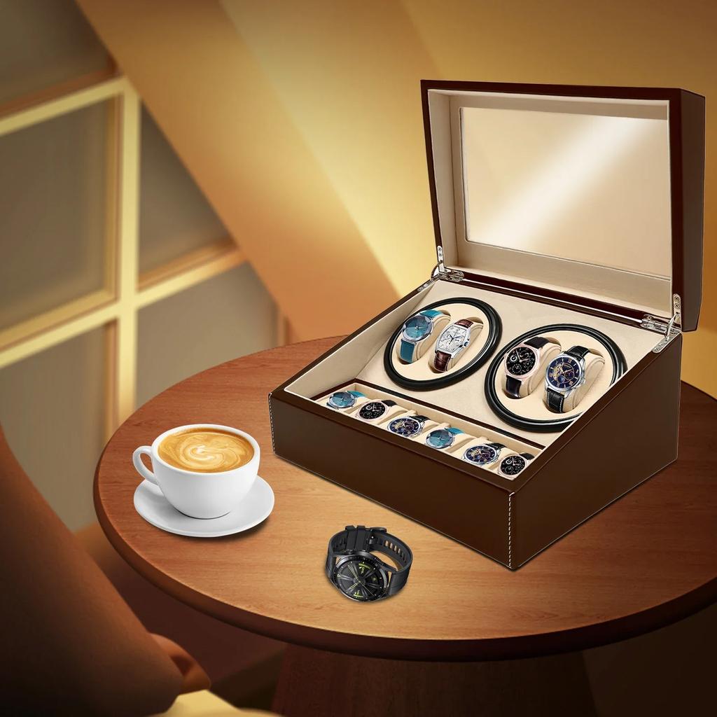 Bymaocar Automatic Low Noise Watch Winder Box Home Decor,Stores/offices 10-Watch Display Boxe Brown Leather W/ 2 Winding Devices