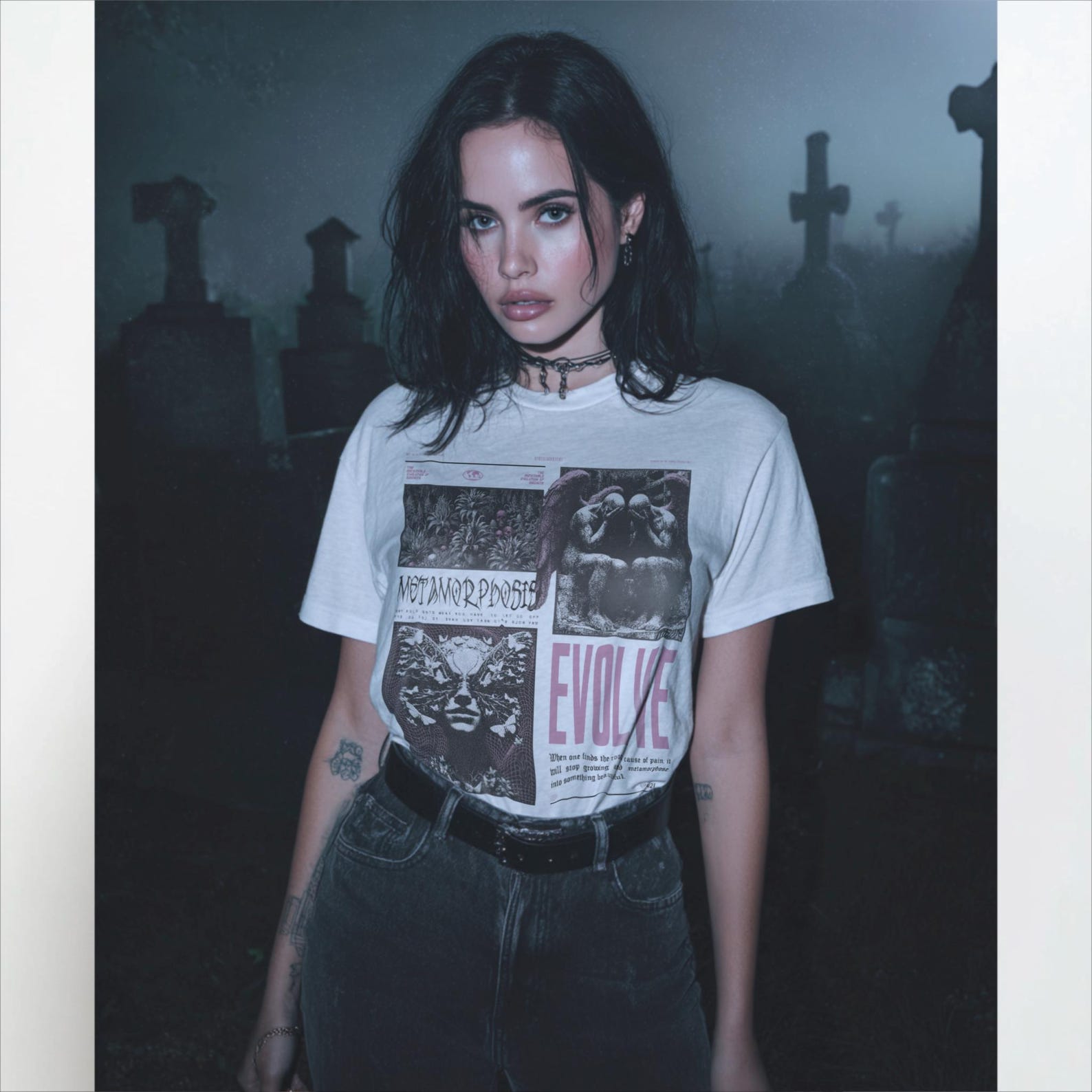 Metamorphosis Alternative Gothic Tee, Brutalism Angels Gothic Plants Butterflies, pink bold Heavy Metal Rock Festival Poster, street style L