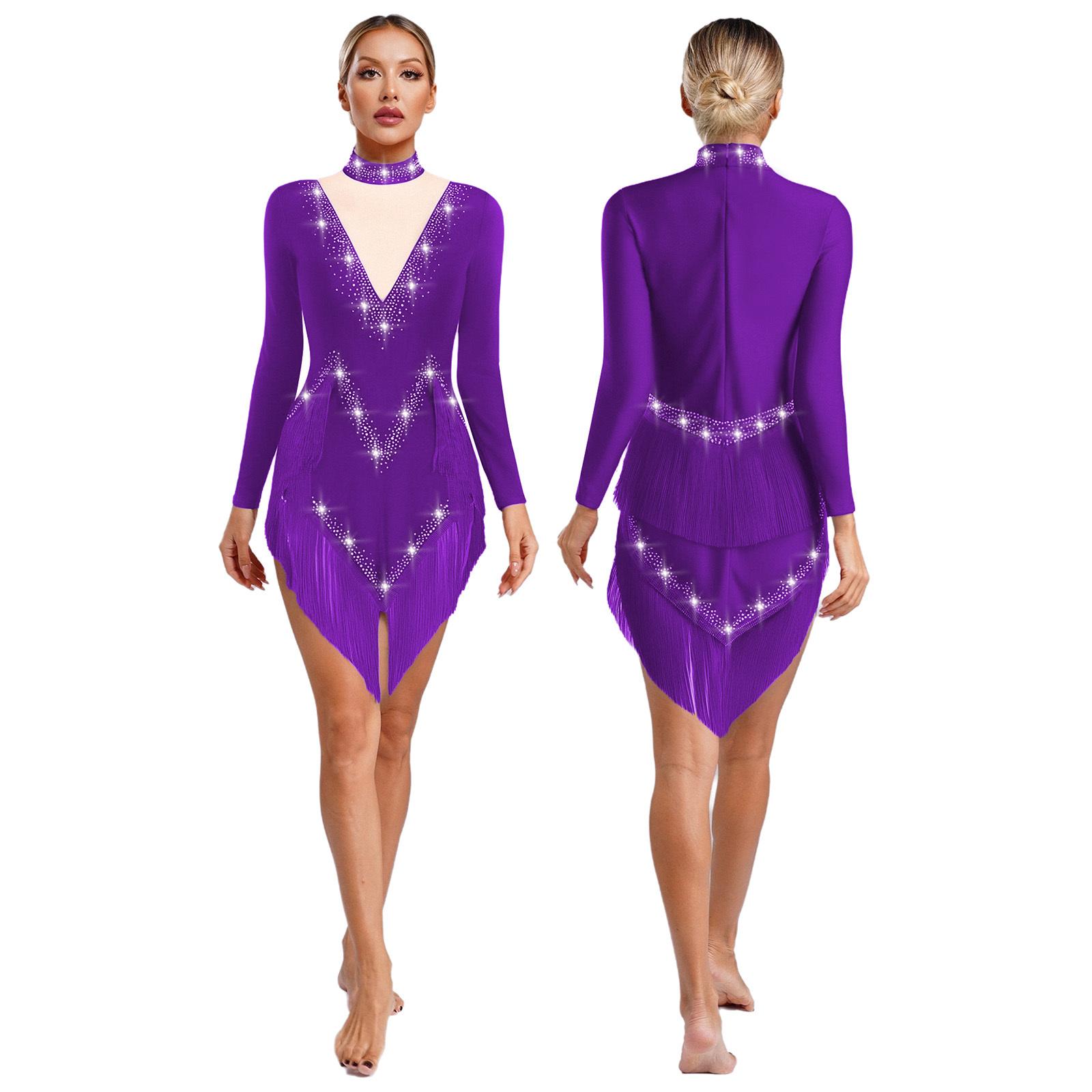 

Women s Latin Dance Dress S-XXL - Shiny Rhinestones Mock Neck Long Sleeve with Tassels & Irregular Hem Stage Costume S фіолетовий