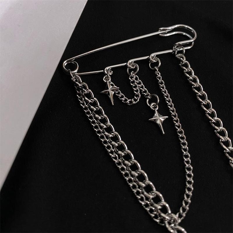 Korean Style Metal Star Chain Brooch for Women Men Suit Decoration Tassel Chain Metal Beads Pin Cloth Jewelry Accessories