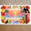 Strandparty-Hintergrund Tukanvogel Hawaiianisches Luau-Banner Flamingo-Feierbanner Strandsonnenuntergang Küstenveranstaltungsbanner