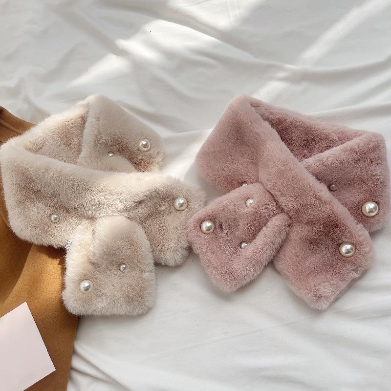 Modischer kleiner Schal aus Perlenplüsch von Dongdaemun für Damen im Winter, Kragen aus Imitationskaninchenfell, verdickter Halsschutz, vielseitiger Schal