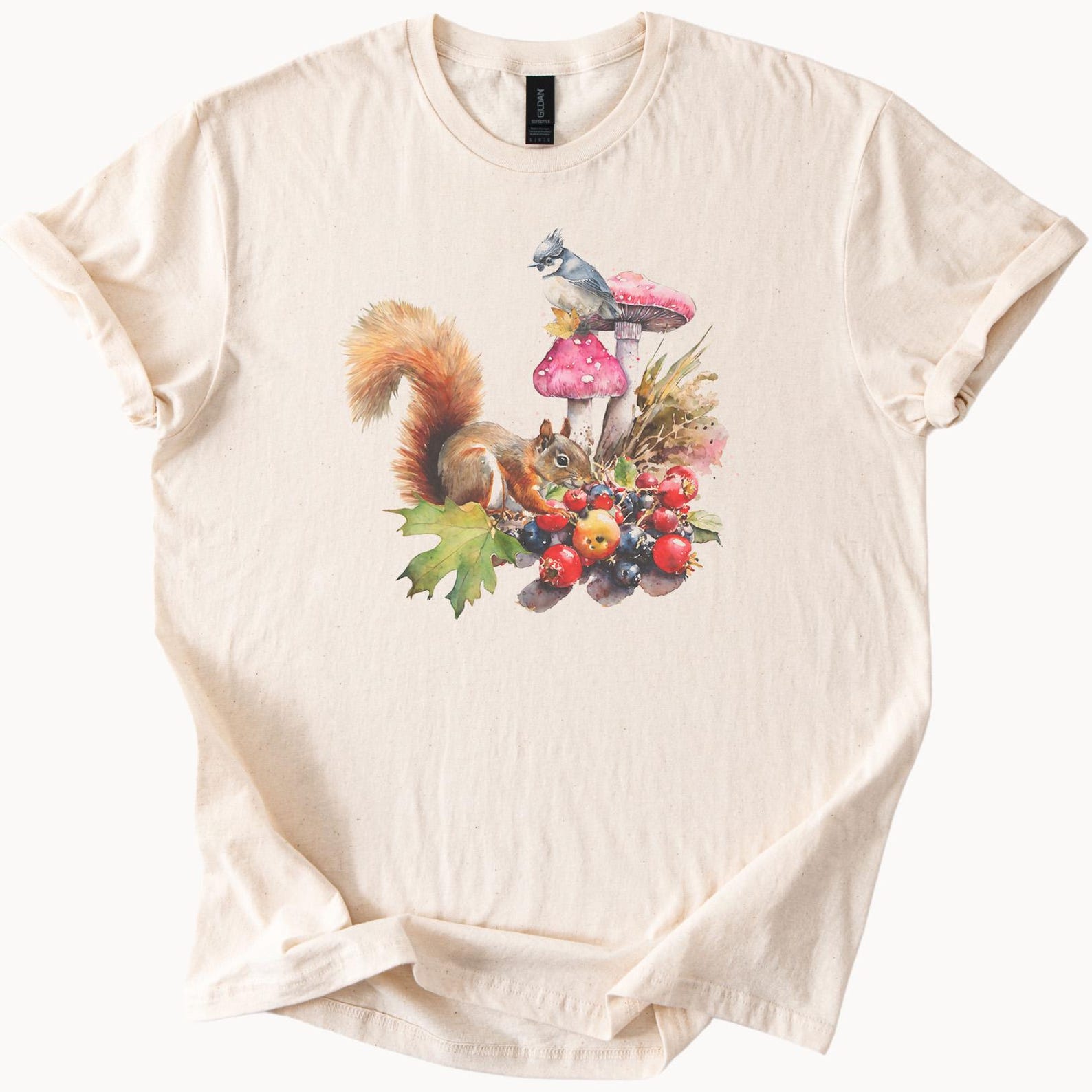 Squirrel Blue Jay Mushroom Woodland Graphic Shirt Nature Wildlife Forest Fruit Berry Watercolor Animal Art Tee Autumn Leaves Outfit 120