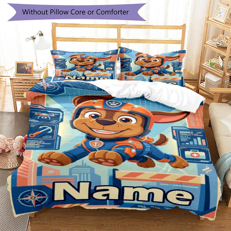 3pcs Duvet Cover Set (1*Duvet Cover + 2*Pillowcase, Without Core), Custom Name PAW Patrol Pattern Bedding Set, Home Bedroom Decor Gift