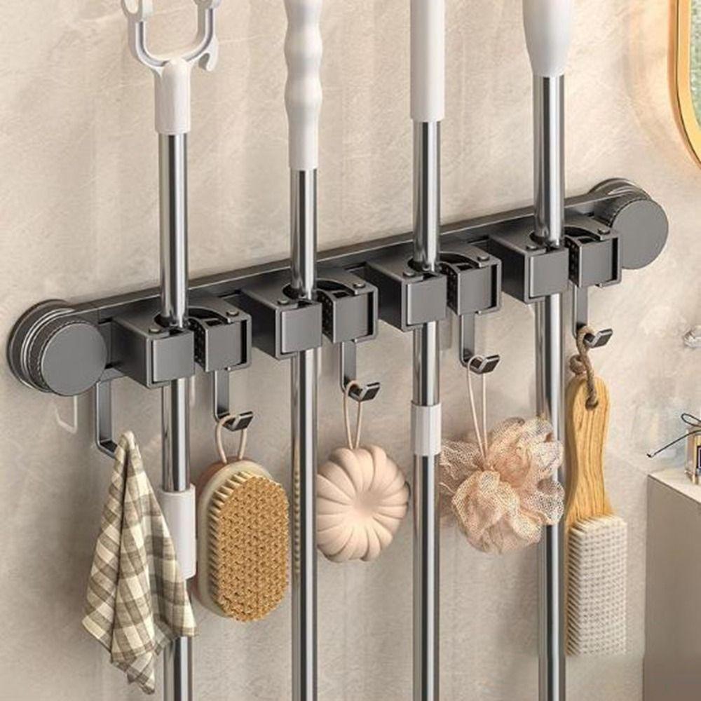 Wall Mounted Suction Cup Mop Clamp Space Aluminum Broom Hanger Practical Mop Clip Rack  Kitchen
