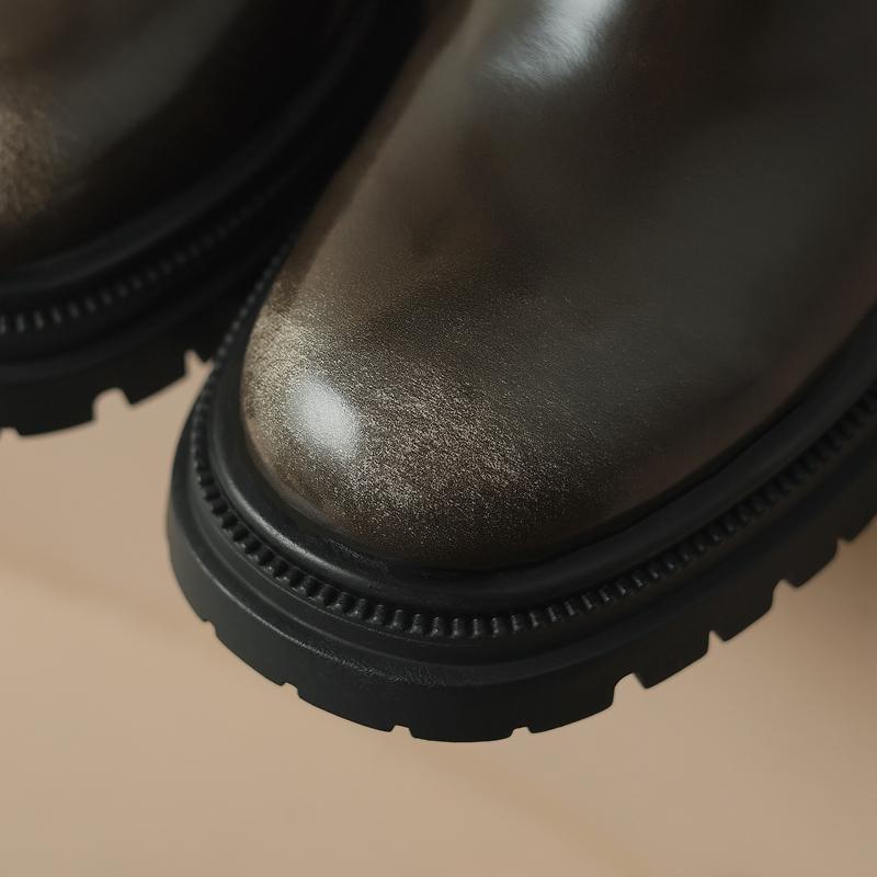 Fashion Women's New Autumn/Winter Round Head Genuine Leather Cowhide Elastic Mid Heel Thick Bottom Large Leg Chelsea Short Boots