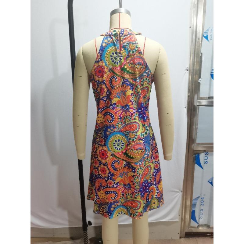 GMXIA Women's Fashion Casual Printed Hanging Neck Hollow Out Dresses