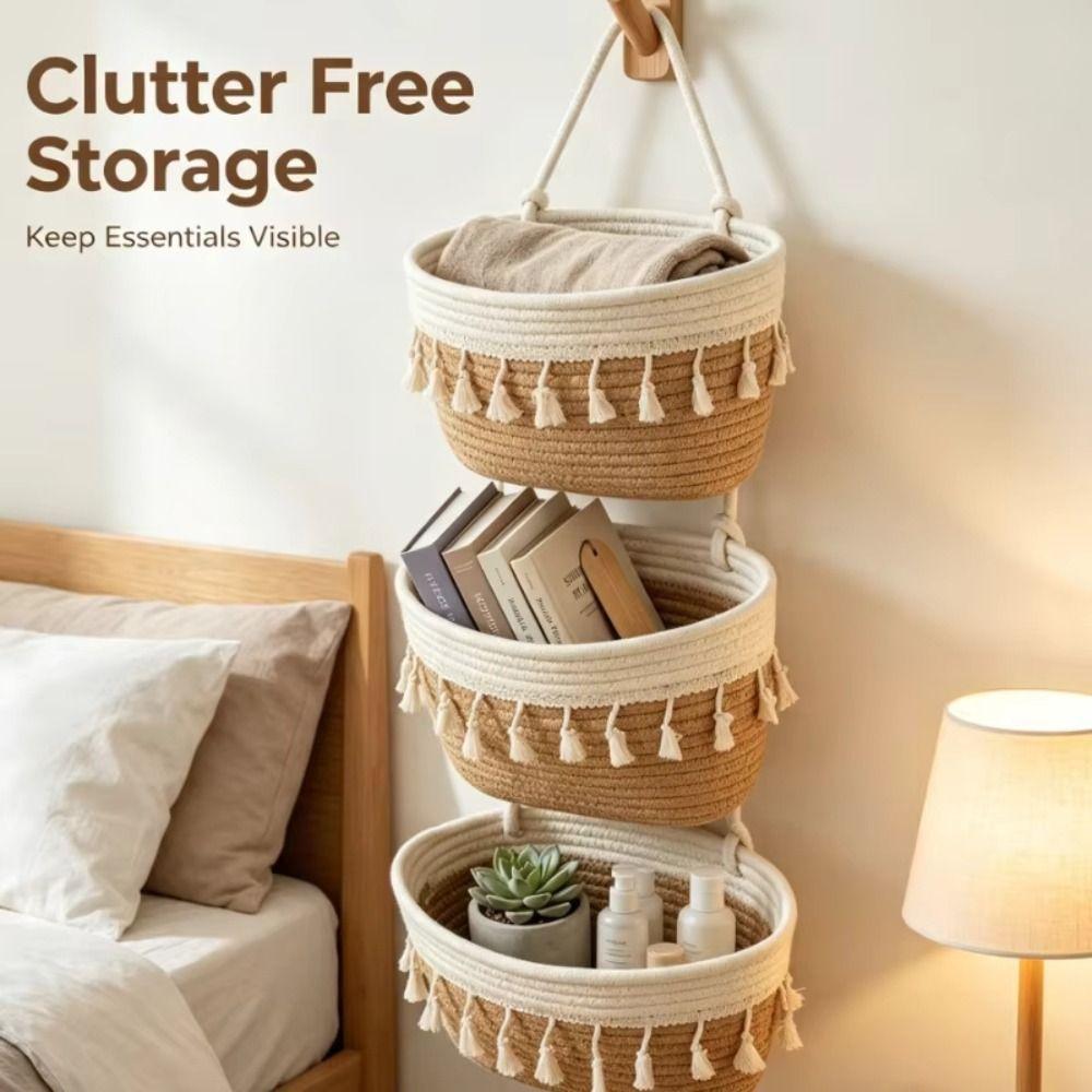 Woven Cotton Multi Pocket Hanging Baskets Handwoven Wall Mount Storage Bag Living Room