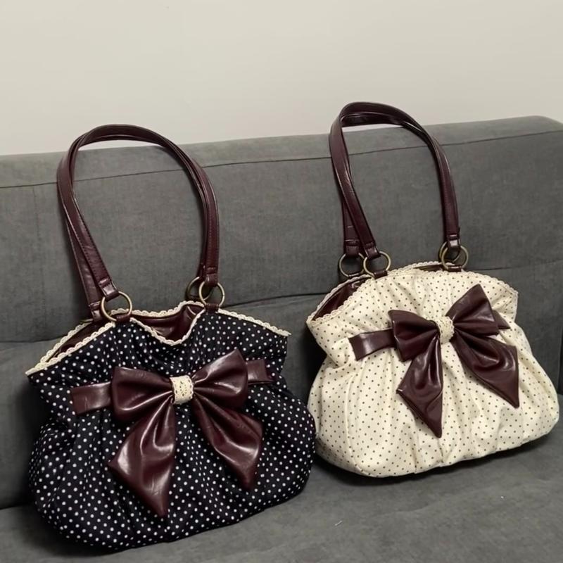 Retro Polka Dot Y2k Umhängetasche Koreanischer Stil Marken Design Süß Einfach Pendlertasche Neu Mit Schleife Farbblock Spitze Leinwandtasche