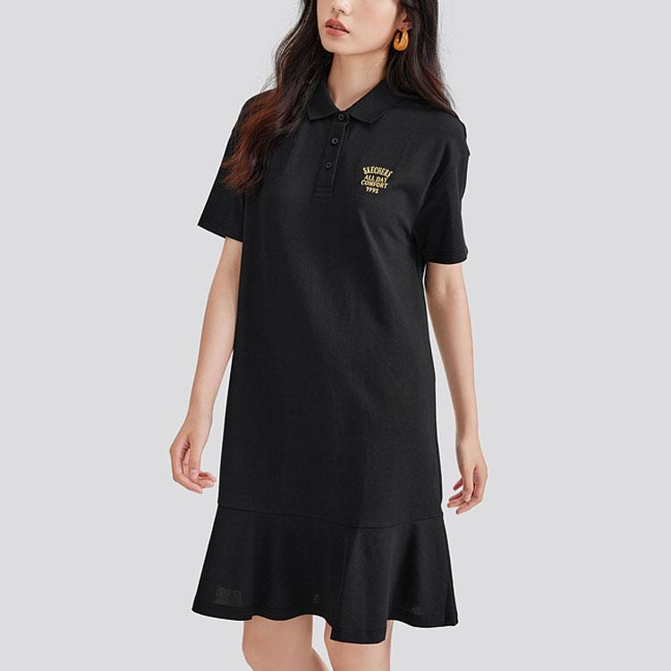 Skechers Logo Solid Color Sport Simple Fashion Drop Shoulder Loose Cool Soft Pullover Polo Neck Short Sleeve Dress Women dress L224W056-0018