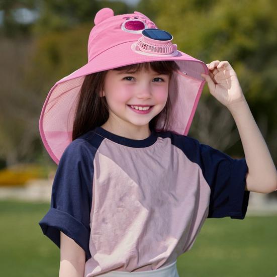 Kids Hat with Solar USB Powered Fan Cartoon Styling Shawl Design Adjustable Outdoor Hiking Cycling Fishing Cap