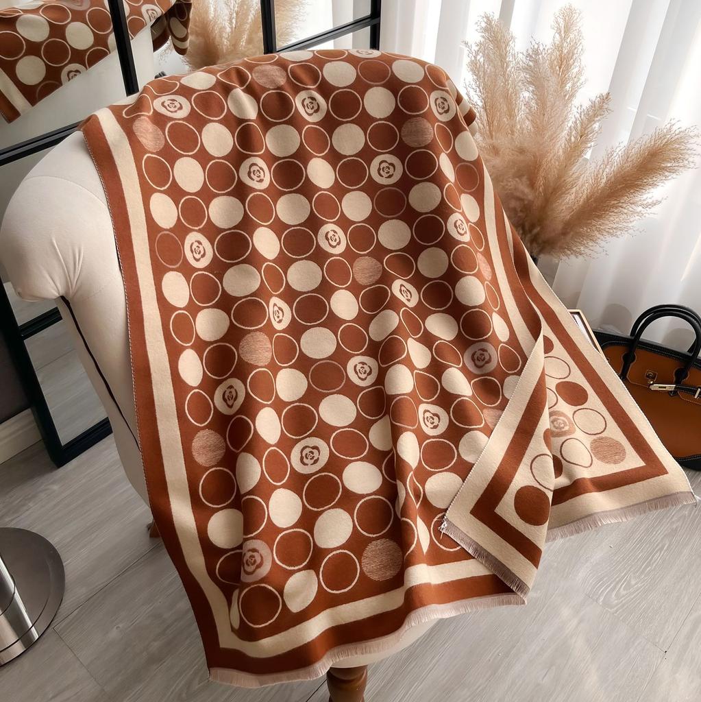 Big-Name Camellia Decoration Fashionable Imitation Cashmere Women'S Warm Scarf Short Beard Tassel Extended Shawl