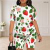 Women Plus Size White Floral Printed Round Neck Short Sleeve Top Fitted Shorts Two Piece Set