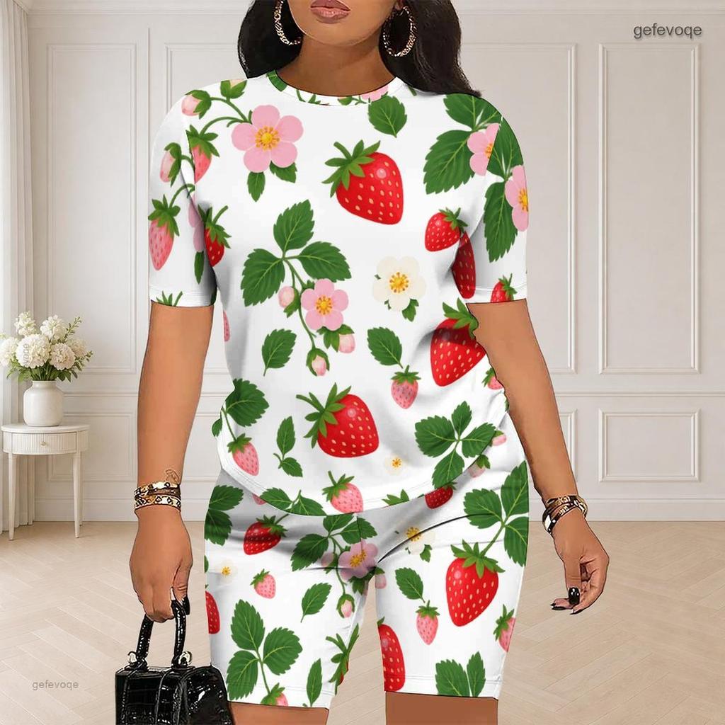 Women Plus Size White Floral Printed Round Neck Short Sleeve Top Fitted Shorts Two Piece Set