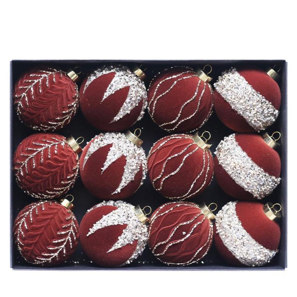 12PCS Plastic Christmas Ball Ornaments Set 8CM Diameter with Glitter Flocked Finish for Holiday Tree and Display