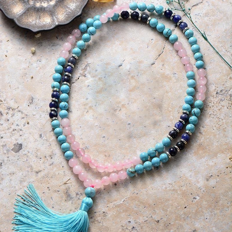 Retro Ethnic Style Tiger'S Eye Stone Turquoise Beaded Necklace 108 Buddha Beads Rosary Beads Fringed Long Necklace Men And Women