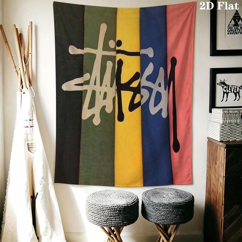 City List Text Tapestry, Black Background Street Brand Logo No.4 Wall Hanging Decor