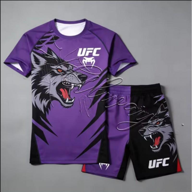 Atmungsaktives MMA Trainingsset für Herren 3D Digitaldruck Kurzarm-T-Shirt Shorts Sportbekleidung