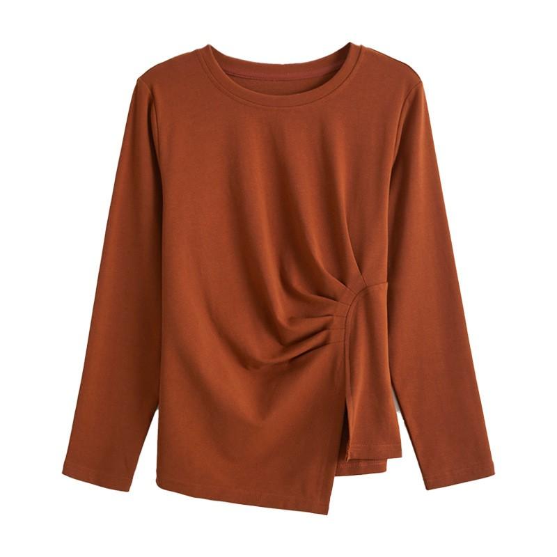 Womens Long Sleeve T-Shirt Slim Fit Round Neck Cotton Blend Casual Top With Side Slit