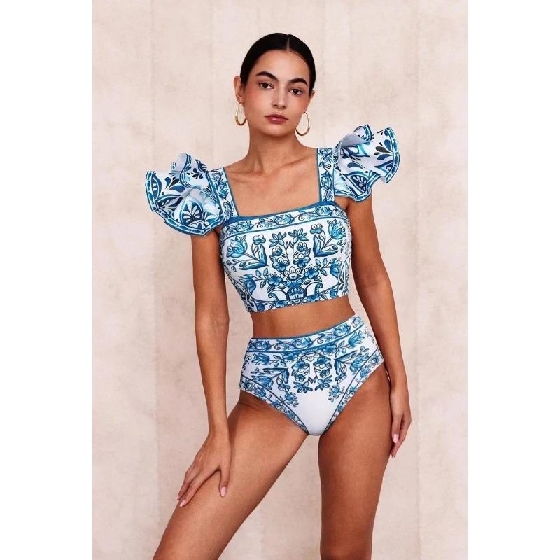 1SET women's sunscreen swimsuit gauze skirt printed swimsuit women's bikini