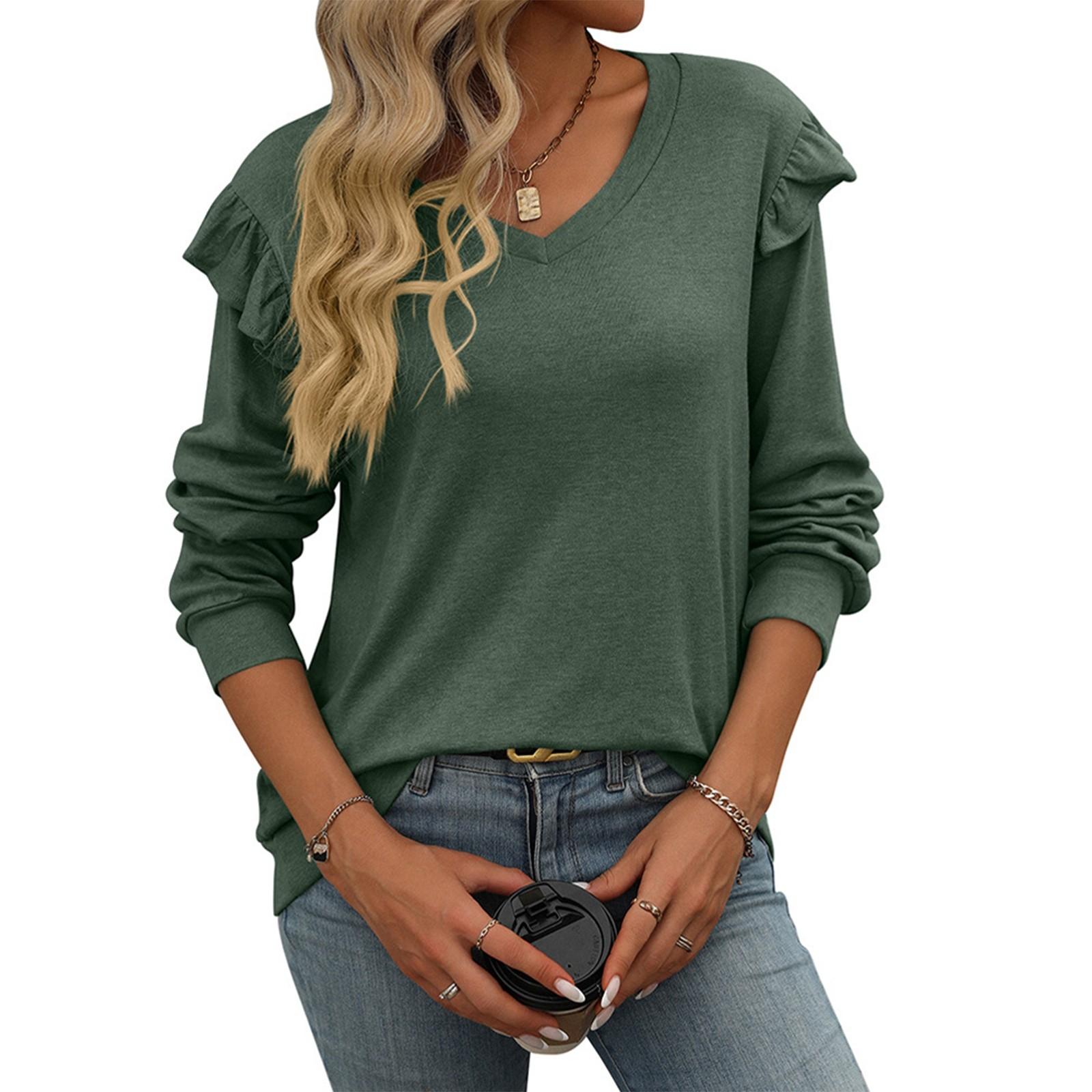 

Женская модная однотонная повседневная футболка с v-образным вырезом и летающими рукавами и длинными рукавами S