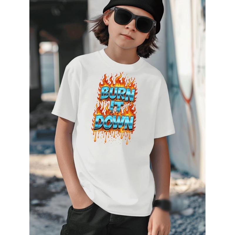 Boys Crewneck T-Shirt, Trendy BURN IT Flame Letter Print 110 белый