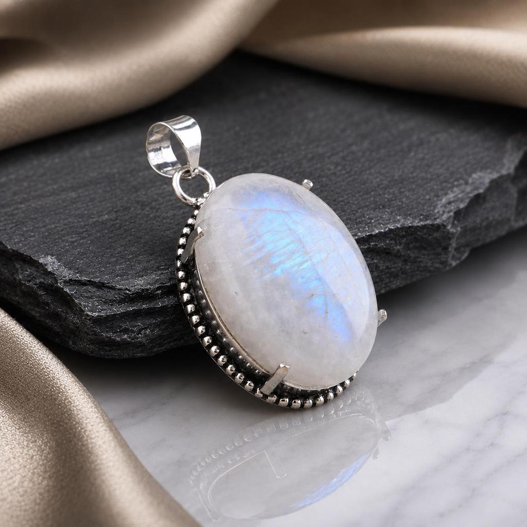 Rainbow Moonstone Gemstone Silver Pendant, Handmade Blue Flash Pendant Necklace Gift For Her PP-63-22