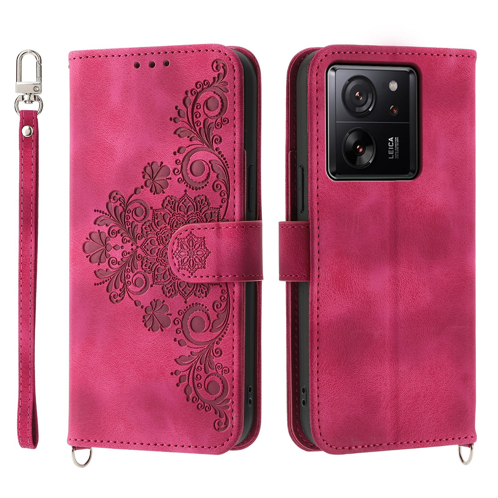 

For Xiaomi 13T/13T Pro/Redmi K60 Ultra Case Wallet Phone Leather Cover with Hand Strap+Shoulder Strap Wine Red