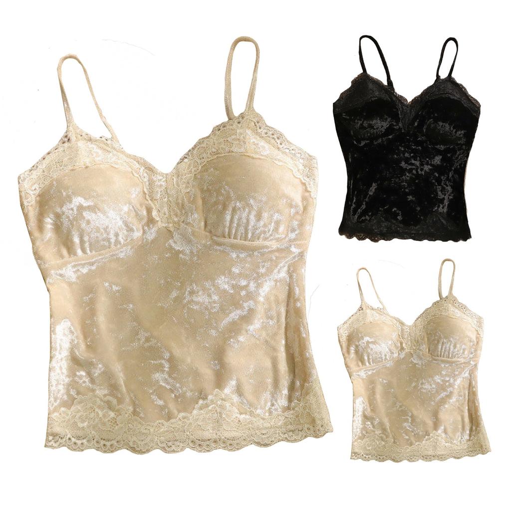 Ladies' Casual Gold Velvet Camisole Vest With Sexy V-neck Lace And Built-in Chest Cushion