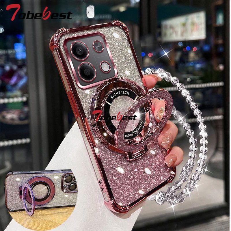 Shockproof Glitter Plating Crystal Bracelet Magsafe Phone Holder Case For Xiaomi Redmi Note 14 13 13R 12 11 10 9 Pro 4G 5G