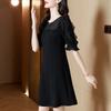 Women's Black Elegant A-Line Dress Sheer Mesh Ruffle Half Sleeve Round Neck Casual Party Mini Dress