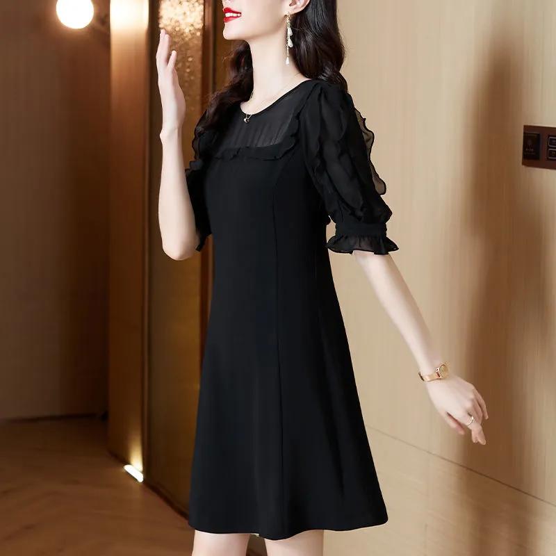 Women's Black Elegant A-Line Dress Sheer Mesh Ruffle Half Sleeve Round Neck Casual Party Mini Dress