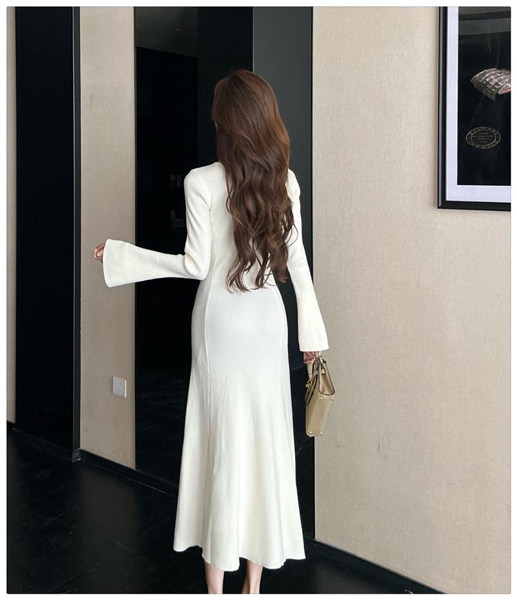 Elegant Bell Sleeve Bodycon Knit Dress and Coat - New Chinese Style for Women, Autumn Winter Collection