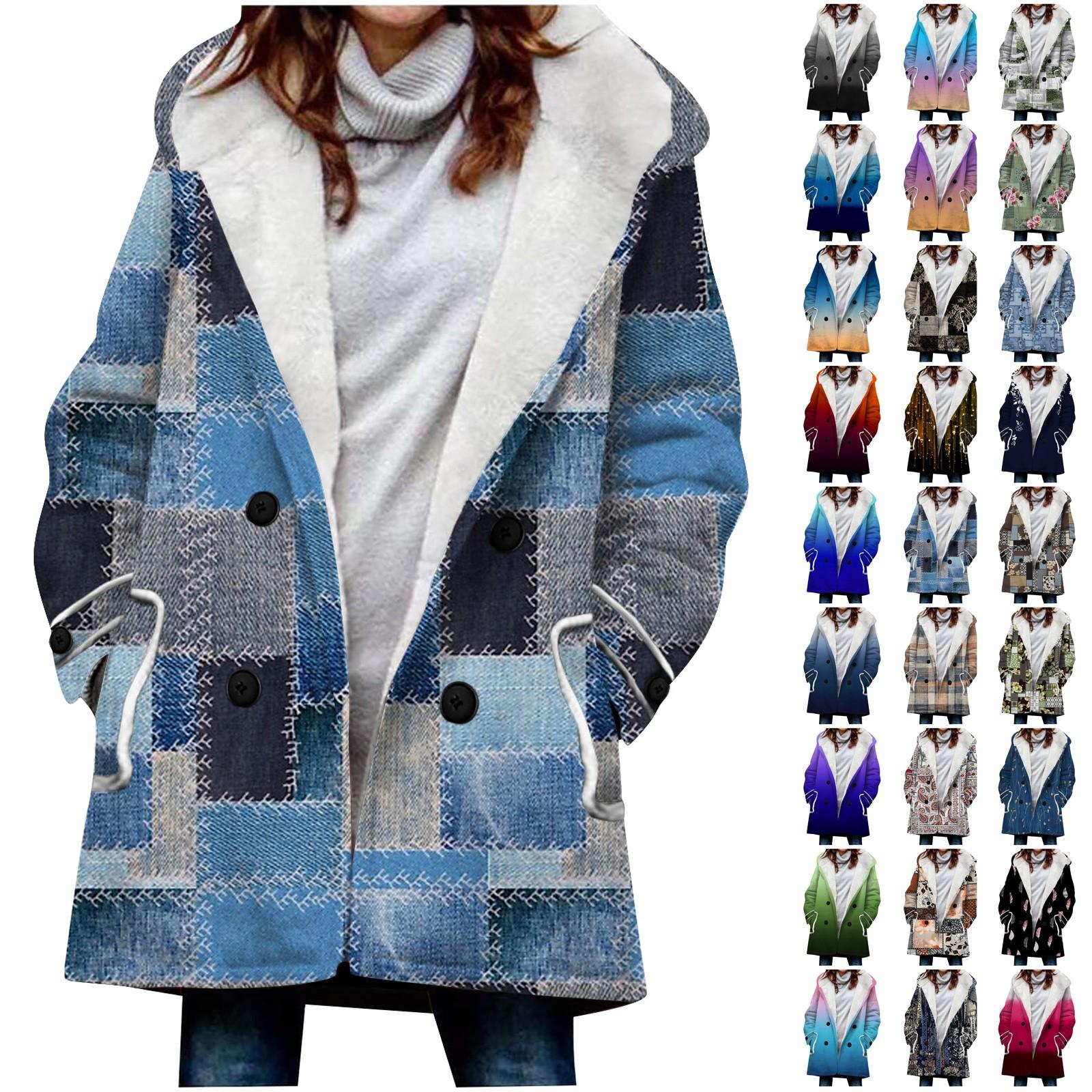 

Женская большая куртка с теплой и плюшевой курткой на пуговицах с капюшоном и карманами